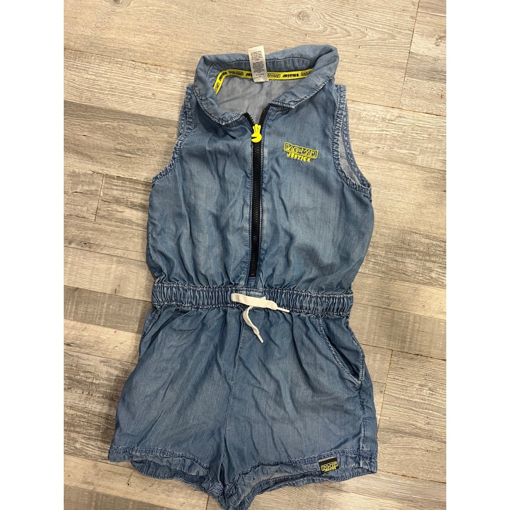 Justice Pac-Man Girls Blue Denim Romper Sleeveless Zip Front Size M 10